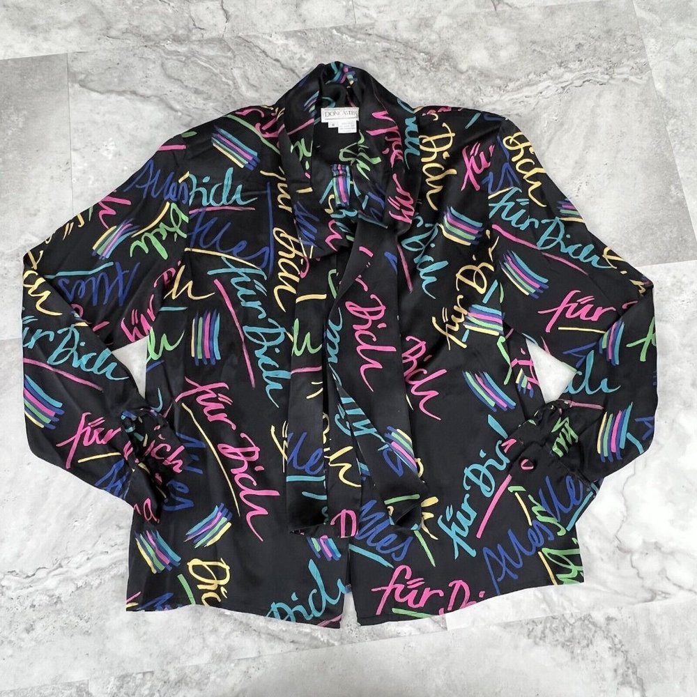 Doncaster Silks Vintage 100% Silk Colorful Black Letters Bow Secretary Blouse 8